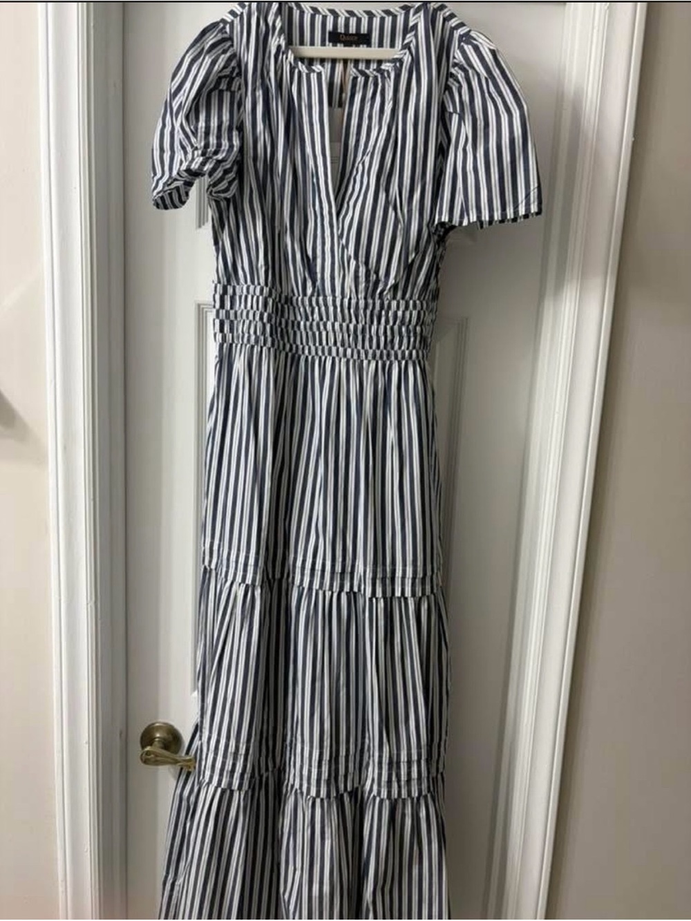 Quince Navy and White Striped Tiered Maxi Dress